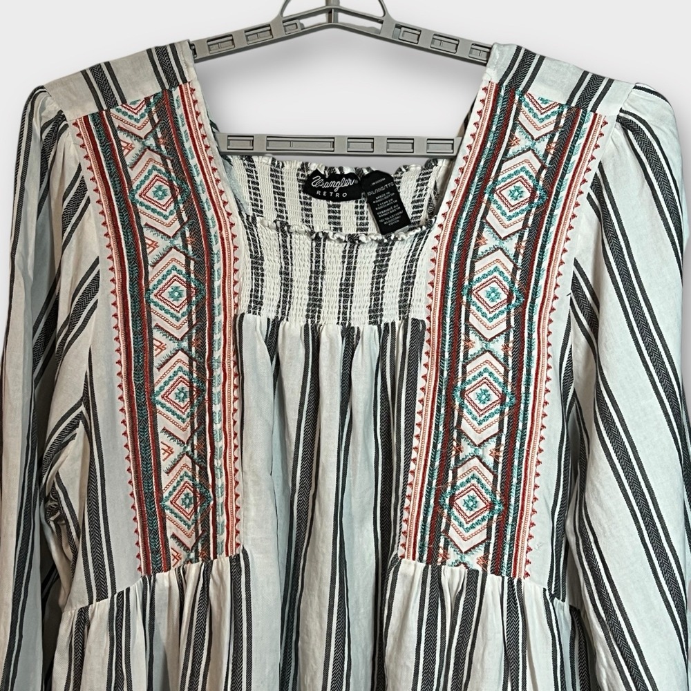 Wrangler Retro Top Womens XXL White Stripe Embroidered Smocked‎ Boho Peasant B